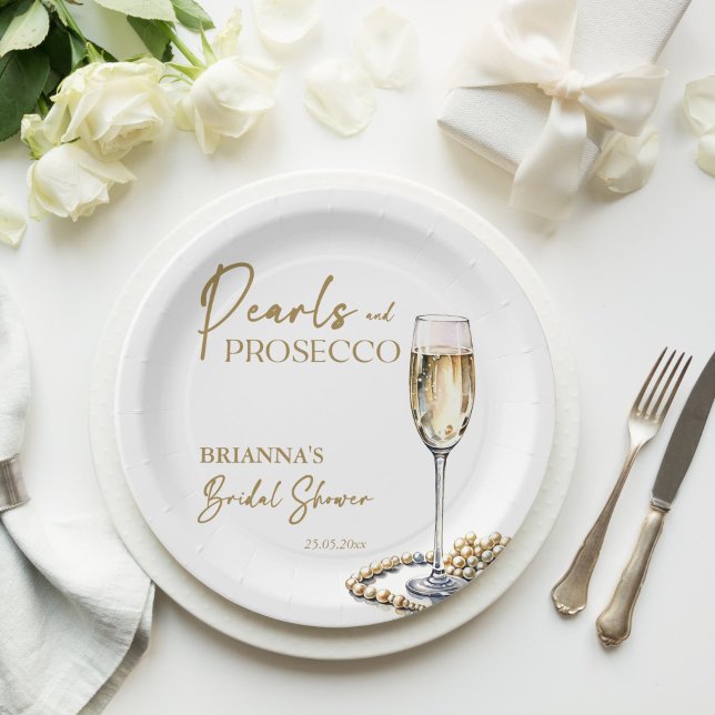 Perlen und Brautparty der Prosecco Pappteller (Pearls and prosecco bridal shower elegant monogram printed paper plates personalized tableware decor)