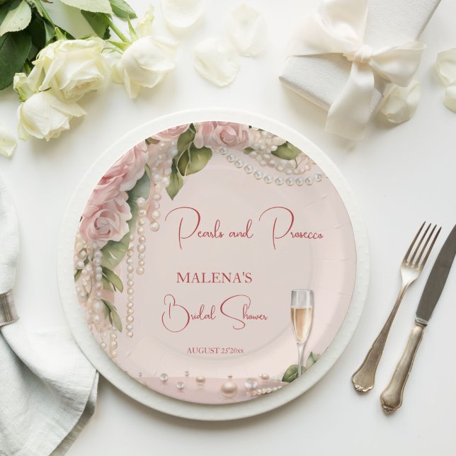 Perlen und Brautparty der Prosecco Pappteller (Pearls and prosecco bridal shower elegant monogram printed paper plates blush pink roses and pearls)