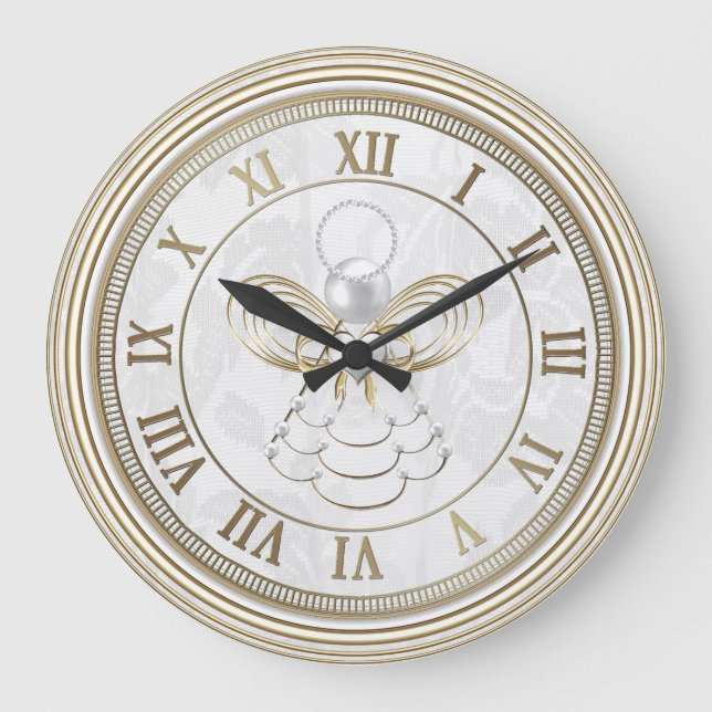 Perlen und Gold - metallischer Weihnachtsengel der Große Wanduhr (Vorderseite)