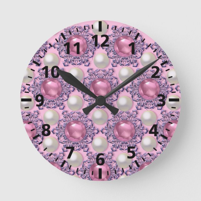 Perlen und Juwelen in Rosa Runde Wanduhr (Vorderseite)