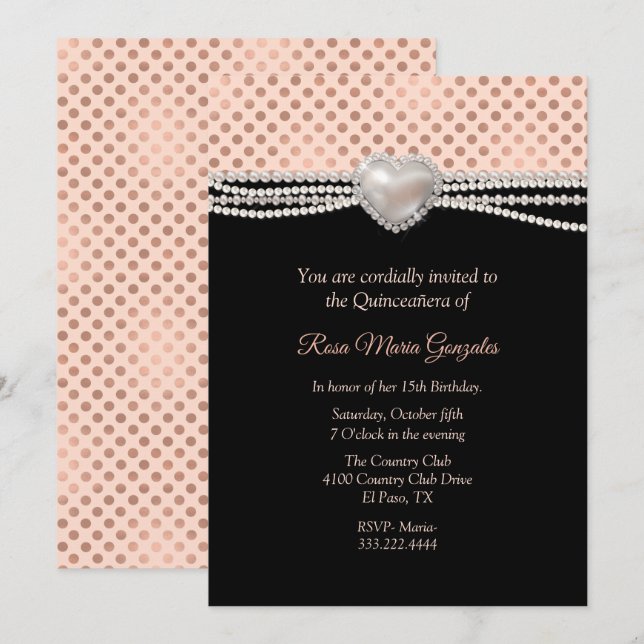 Perlen und Polka Dots Quinceañera  Einladung (Vorne/Hinten)