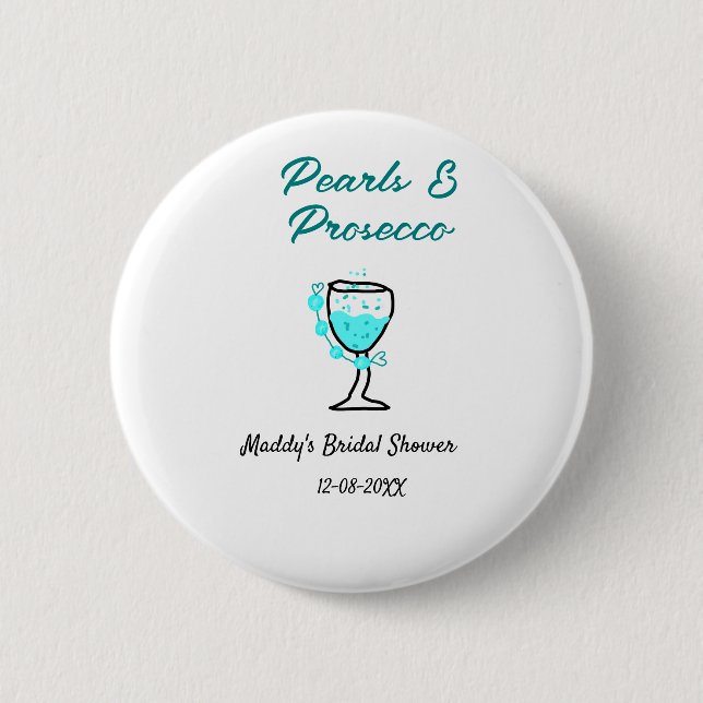 Perlen und Prosecco Brautparty Blau Schwarz Name  Button (Vorderseite)