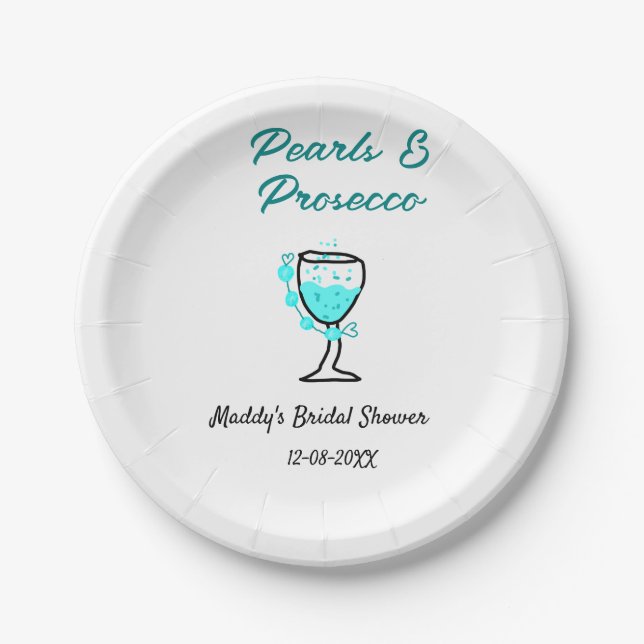 Perlen und Prosecco Brautparty Blau Schwarz Name  Pappteller (Vorderseite)