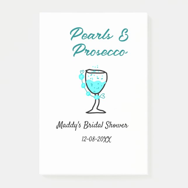 Perlen und Prosecco Brautparty Blau Schwarz Name  Post-it Klebezettel (Vorderseite)