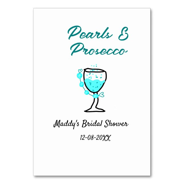 Perlen und Prosecco Brautparty Blau Schwarz Name  Tischnummer (Vorderseite)