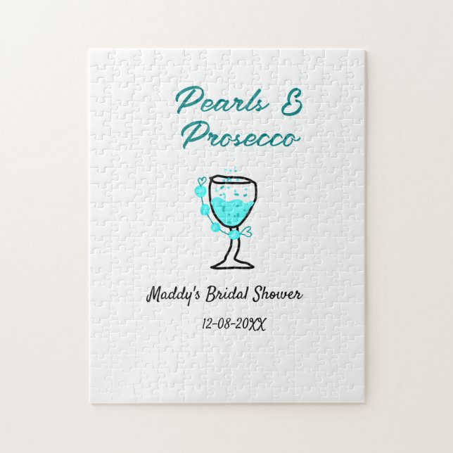 Perlen und Prosecco Brautparty blau schwarzer Name Puzzle (Vertikal)