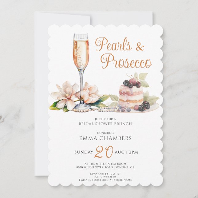 Perlen und Prosecco Brautparty Brunch Einladung (Vorderseite)