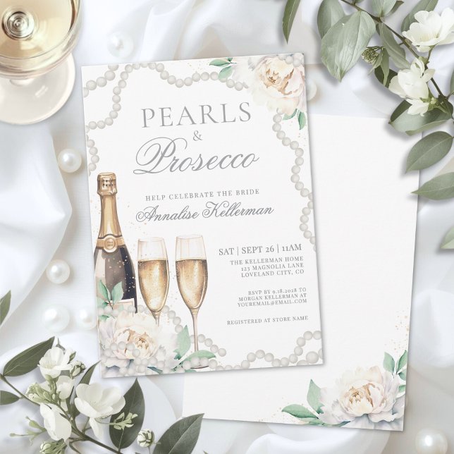 Perlen und Prosecco Brautparty Einladung (Pearls And Prosecco Bridal Shower Invitation)