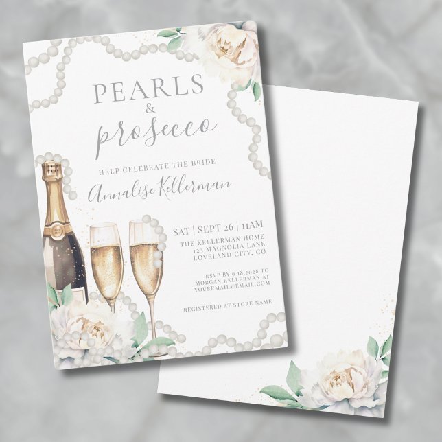 Perlen und Prosecco Brautparty Einladung (Pearls & Prosecco Floral Bridal Shower Invitation)