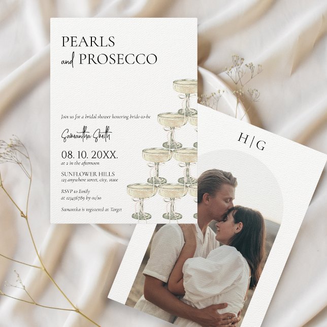 Perlen und Prosecco-Brautparty-Foto Einladung (Pearls and Prosecco Bridal Shower Photo Invitation)