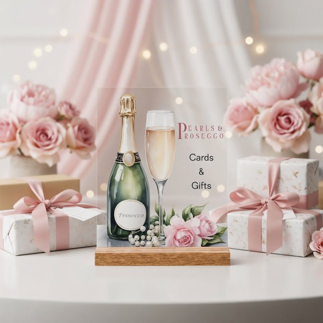 Perlen und Prosecco Brautparty Karten & Geschenke Acrylschild (Front view pearls and prosecco bridal shower prosecco bar champagne bottle cards and gifts sign)