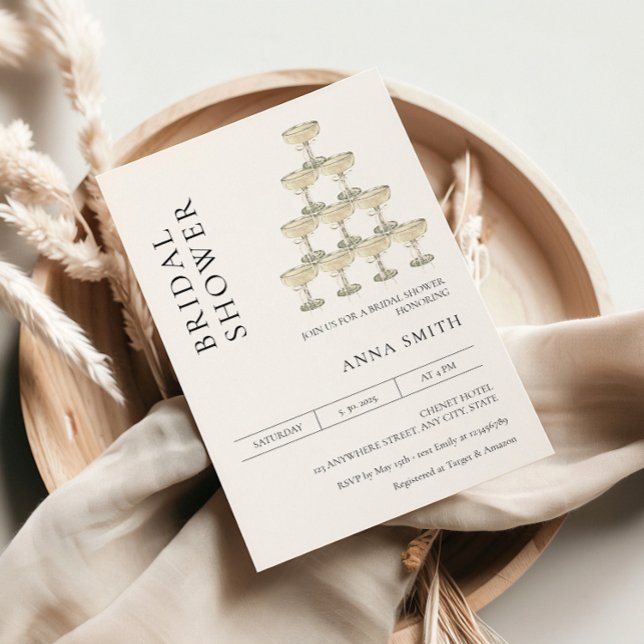 Perlen und Prosecco Brautparty Moderner Minimal Einladung (Bridal Shower Champagne Tower Elegant Invitation)