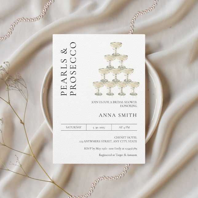 Perlen und Prosecco Brautparty Moderner Minimal Einladung (Pearls & Prosecco Bridal Shower Invitation)