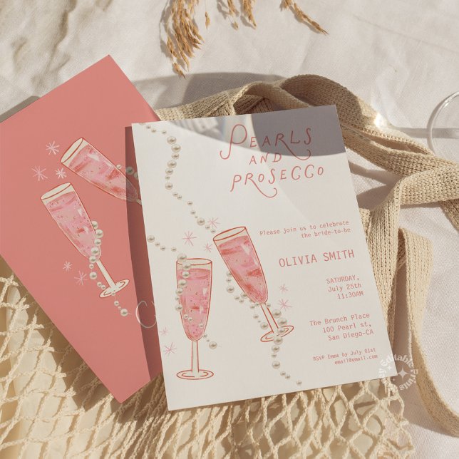 Perlen und Prosecco Brautparty - Rosa Einladung (Pearls and Prosecco Bridal Shower Pink Invite)