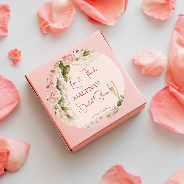 Perlen und Prosecco Brautparty Runder Aufkleber (Pearls and prosecco bridal shower elegant thank you favor stickers blush pink coral roses and pearls)