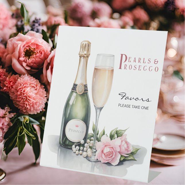 Perlen und Prosecco-Brautparty Sockelschild (Angled view pearls and prosecco bridal shower brunch and bubbly favors sign)