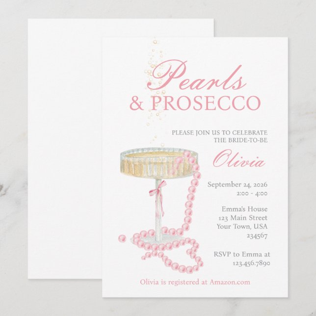 Perlen und Prosecco Bridal Dusche Einladung (Vorne/Hinten)