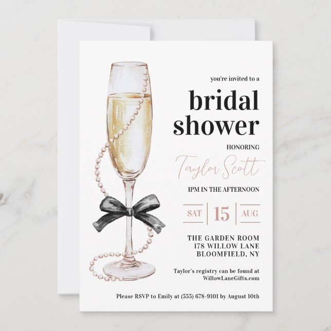 Perlen und Prosecco Bridal Dusche Einladung (Vorderseite)