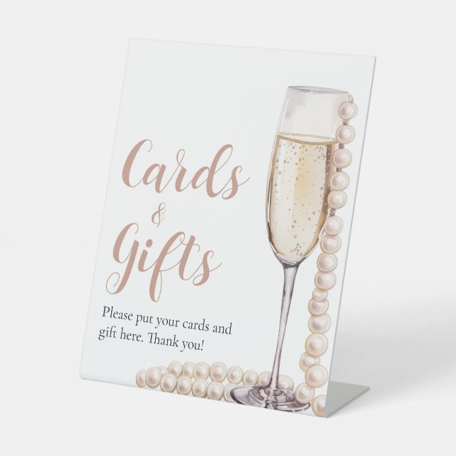 Perlen und Prosecco Champagnerkarten und Geschenke Sockelschild (Vorderseite)