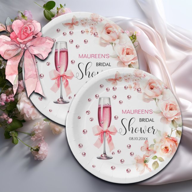 Perlen und Prosecco Dusty Pink Roses Brautparty Pappteller (Von Creator hochgeladen)