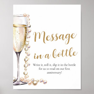 Perlen und Prosecco-Nachricht in einem Flaschensig Poster