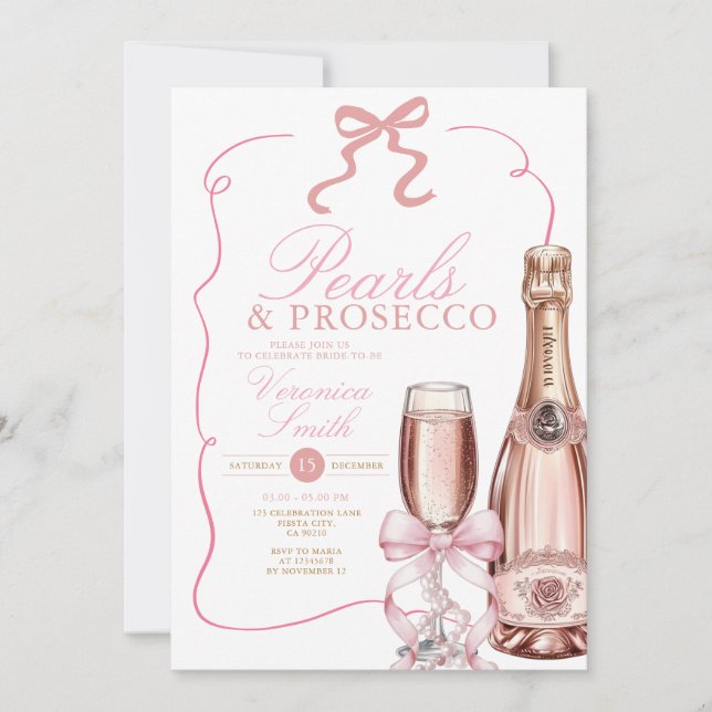Perlen und Prosecco Pink Bow Brautparty Einladung (Vorderseite)