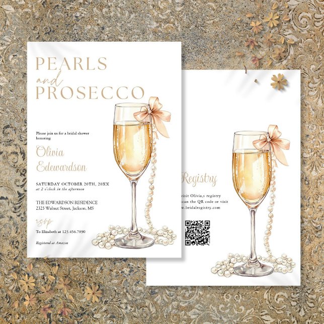 Perlen- und Prosecco-QR-Code-Brautparty Einladung (Pearls And Prosecco QR Code Bridal Shower Invitation)