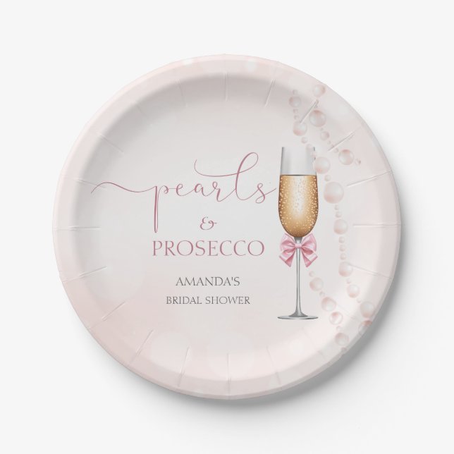 Perlen und Prosecco-rosa Brautparty Pappteller (Vorderseite)