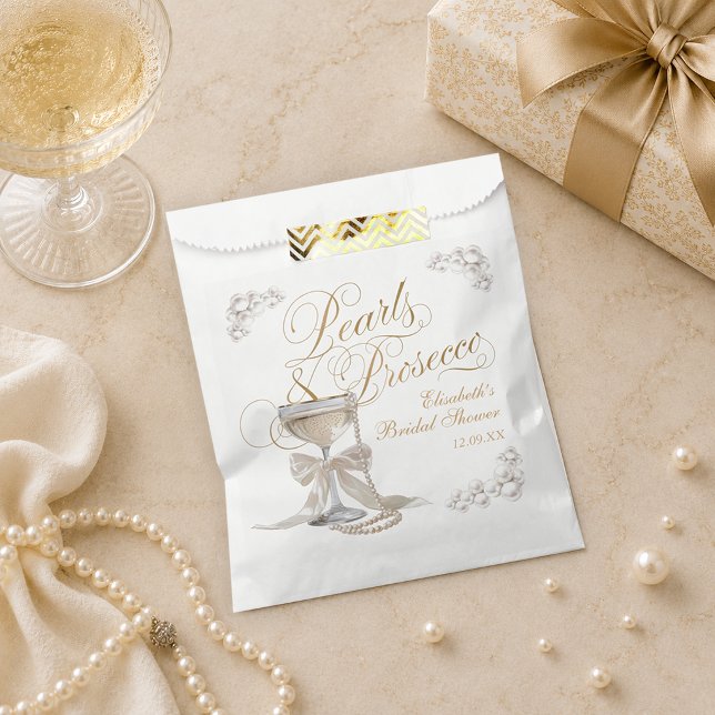 Perlen und Prosecco Weiße Bogen Brautparty Geschenktütchen (Pearls and Prosecco White Bow Bridal Shower Favor Bag)