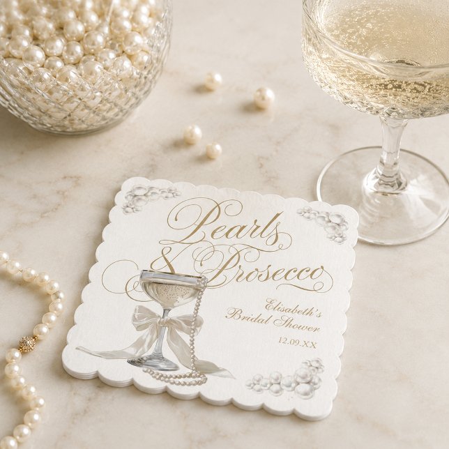 Perlen und Prosecco Weiße Bogen Brautparty Untersetzer (Pearls and Prosecco White Bow Bridal Shower Paper Coaster)