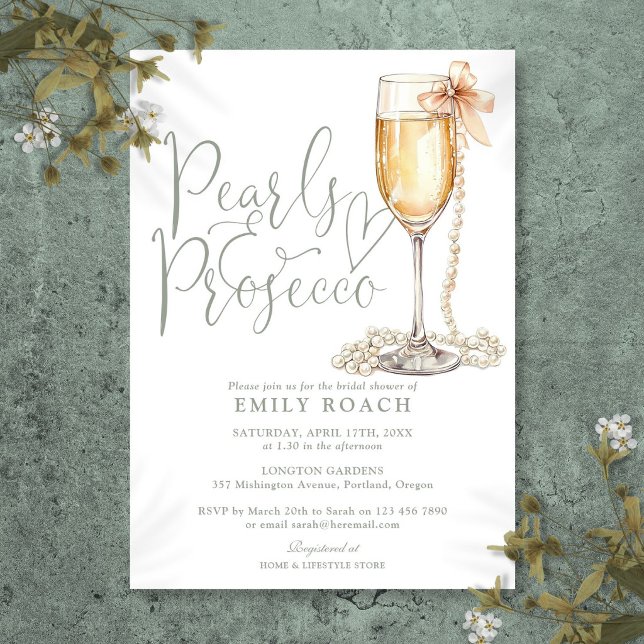 Perlen und Prosecco-weites Brautparty Einladung (Pearls And Prosecco Sage Green Bridal Shower Invitation)