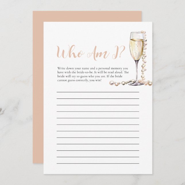 Perlen und Prosecco Wer bin ich Brautparty Game Einladung (Vorne/Hinten)