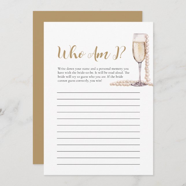 Perlen und Prosecco Wer bin ich Brautparty Game Einladung (Vorne/Hinten)