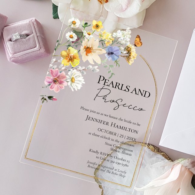 Perlen und Prosecco Wildblume Boho Brautparty Acryleinladungen (Von Creator hochgeladen)