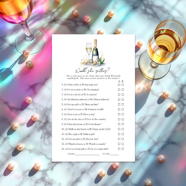 Perlen und Prosecco würde sie eher? Bridal Game (Pearls and Prosecco Would She Rather? Bridal Shower Game)