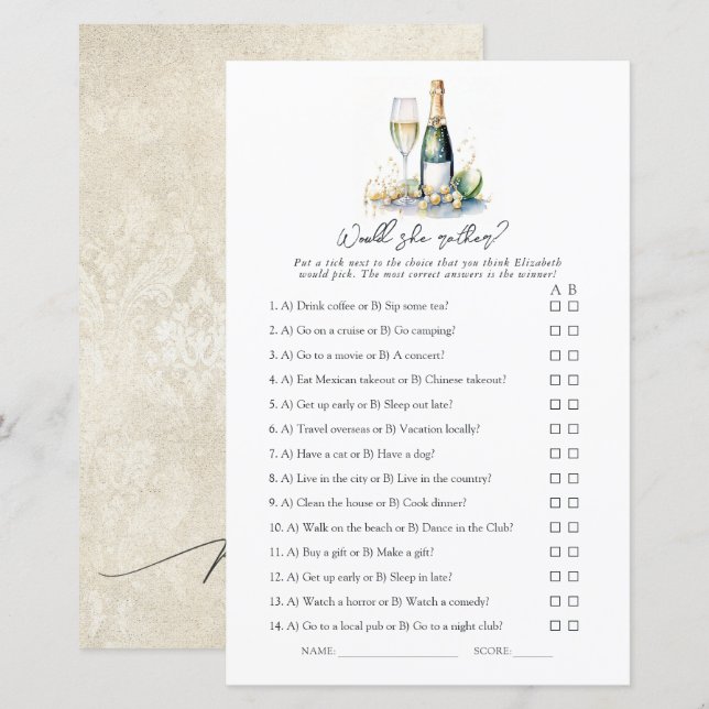 Perlen und Prosecco würde sie eher? Bridal Game (Vorne/Hinten)