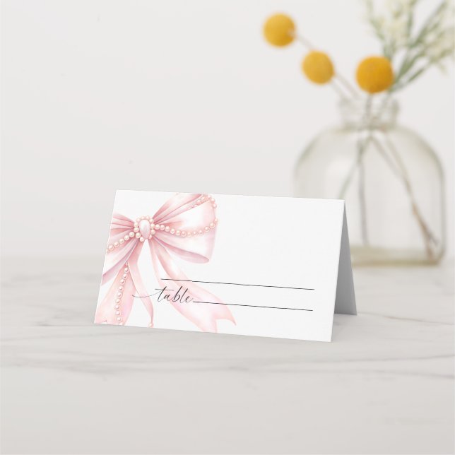 Perlen und rosa Schleife Hochzeit  Platzkarte (Vorderseite)