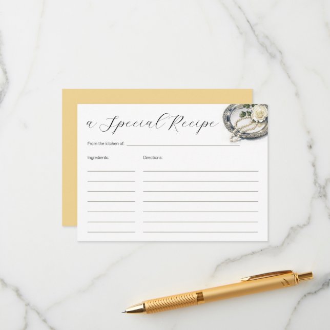 Perlen und Rose Brautparty Rezept Begleitkarte (Vorderseite/Rückseite Beispiel)