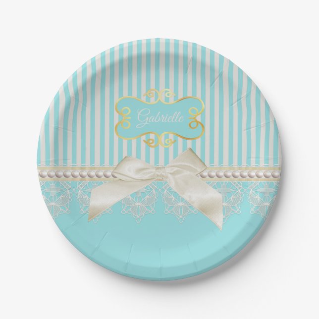 Perlen und Spitzen Aqua Streifen Creme Bow mit Nam Pappteller (Vorderseite)
