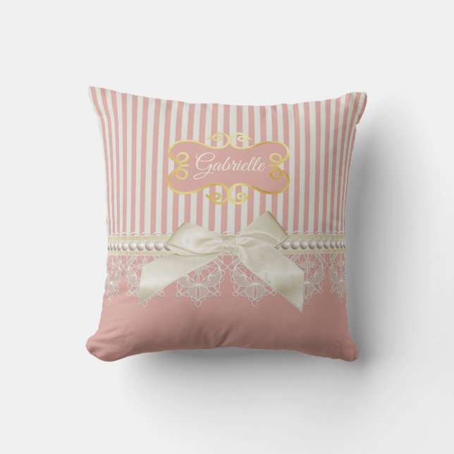 Perlen und Spitzen Pink Streifen Cream Bow und Nam Kissen (Vorderseite)