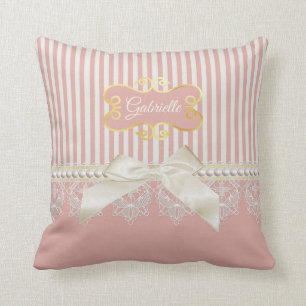 Perlen und Spitzen Pink Streifen Cream Bow und Nam Kissen