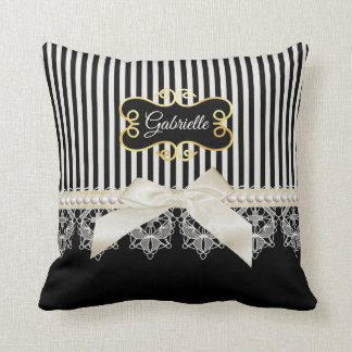 Perlen und Spitzen-schwarze Streifen Cream Bow Gol Kissen