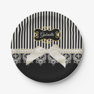 Perlen und Spitzen-schwarze Streifen Cream Bow Gol Pappteller