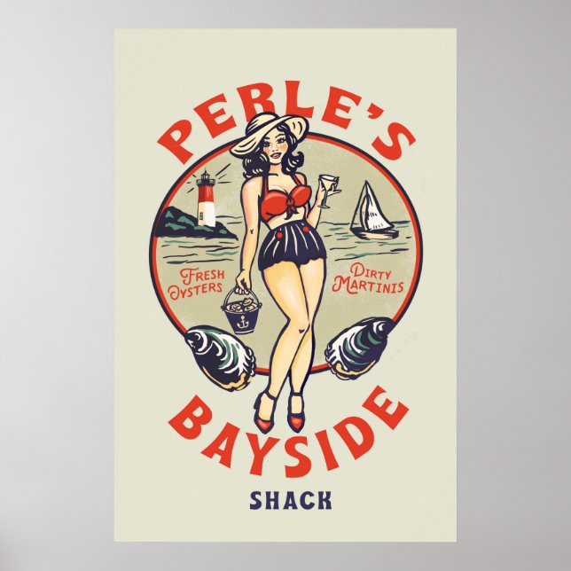 "Perle's Bayside Oyster Shack" Niedlich, Retro Sea Poster (Vorne)