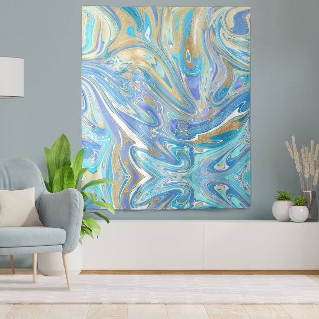 Perlescent Aqua & Gold flüssige Marmor Wandteppich (Aqua & Gold Marble Paint Pour Tapestry)