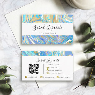 Perlescent Aqua & Gold Liquid Marble QR Code Visitenkarte