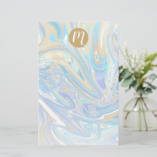 Perlescent Aqua & Gold Liquid Marmor & Monogram Briefpapier (Stehend Vorderseite)