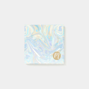 Perlescent Aqua & Gold Liquid Marmor & Monogram Post-it Klebezettel