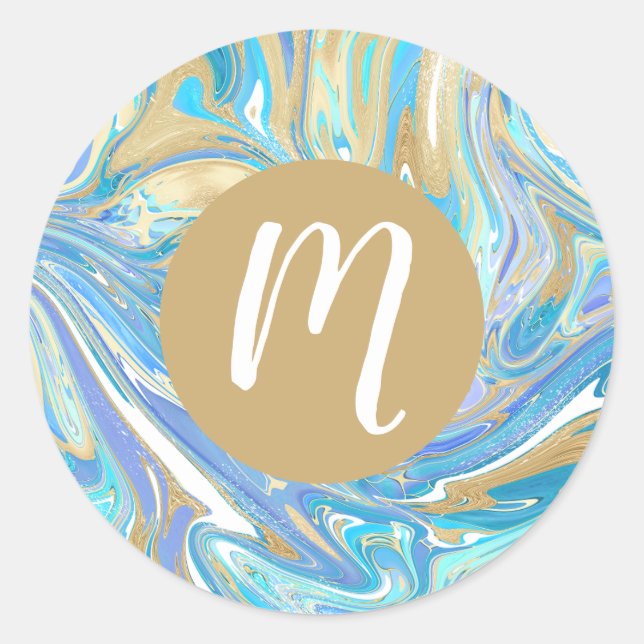 Perlescent Aqua & Gold Liquid Marmor & Monogram Runder Aufkleber (Vorderseite)