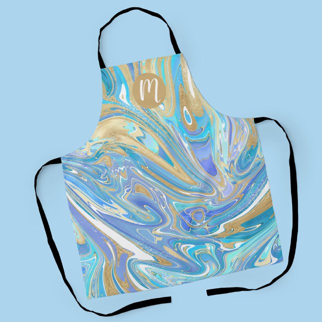 Perlescent Aqua & Gold Liquid Marmor & Monogram Schürze (Aqua Pearlescent Marble Design with Monogram Apron)